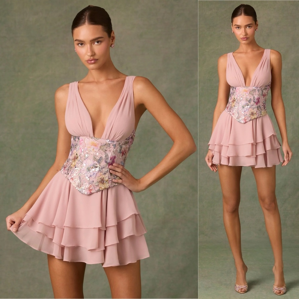 Oh Polly Blush Pink Tiered Mini Dress with Embellished Floral Corset